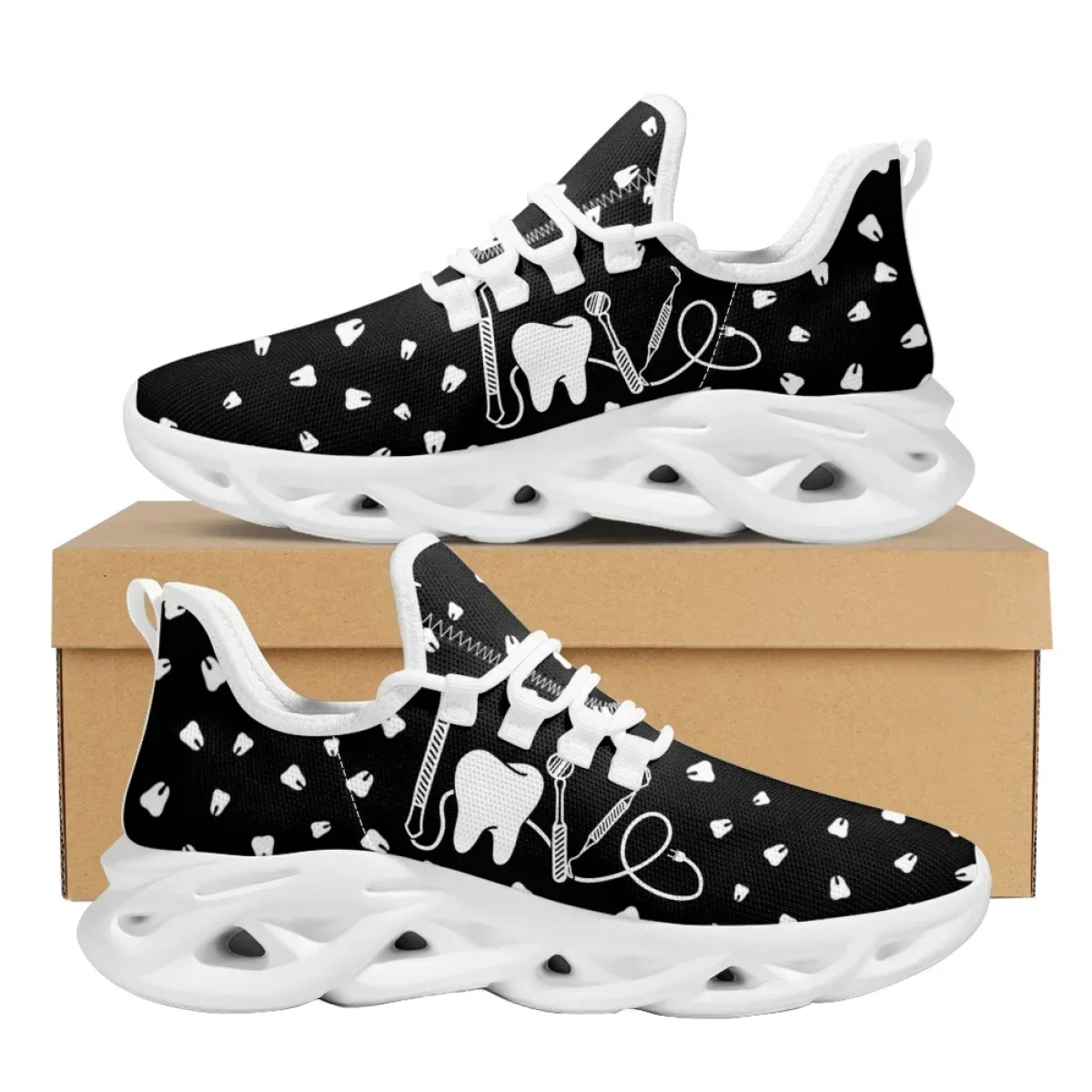 Black and White Teeth Medical Institution Nurse Shoes for Woman Men Four Seasons Round Toe Non-slip Casual Sneakers Custom Shoes view 4