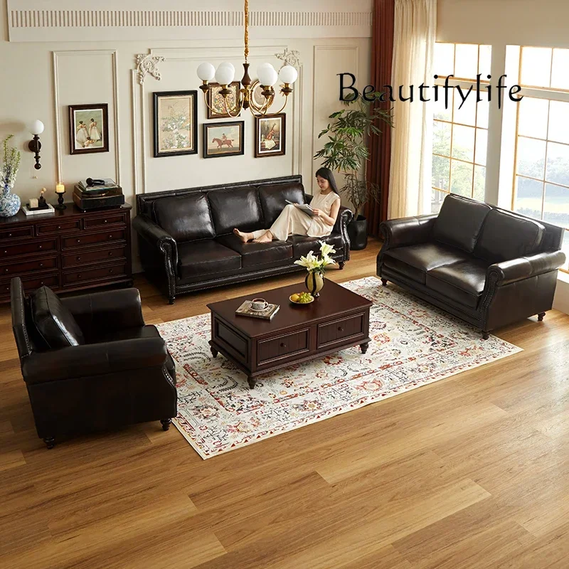 T10 American Retro First-layer Cowhide Leather Sofa Simple And Beautiful Country Style Living Room Rivet Leather Sofa Combinatio