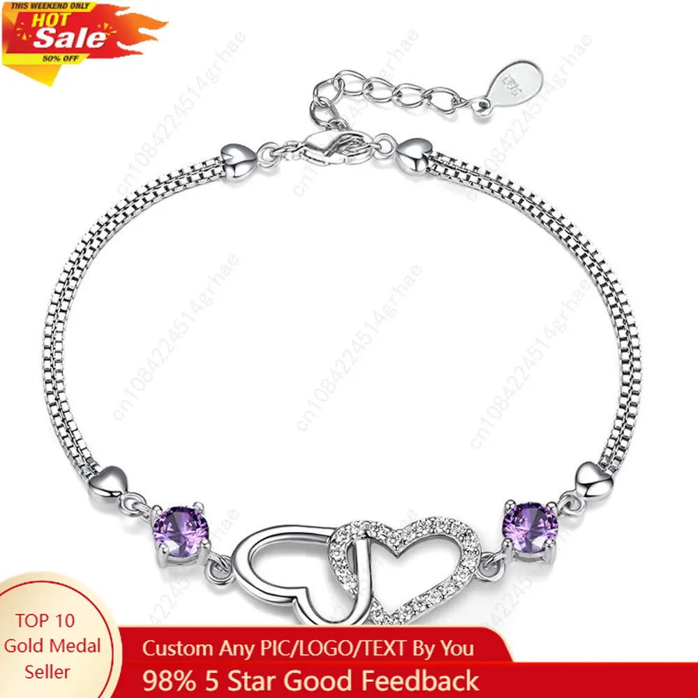 

S925 Sterling Silver Bracelet Inlaid With Natural Amethyst Zircon Heart Lady Bracelet, Charm Jewelry Gift Wedding Jewelry