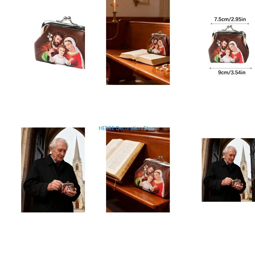 B0KC Catholic Rosary Coin Purses Rosary Beads Holders Bag with Kiss Lock Religious Jewelry Storage Box Earring Necklace
