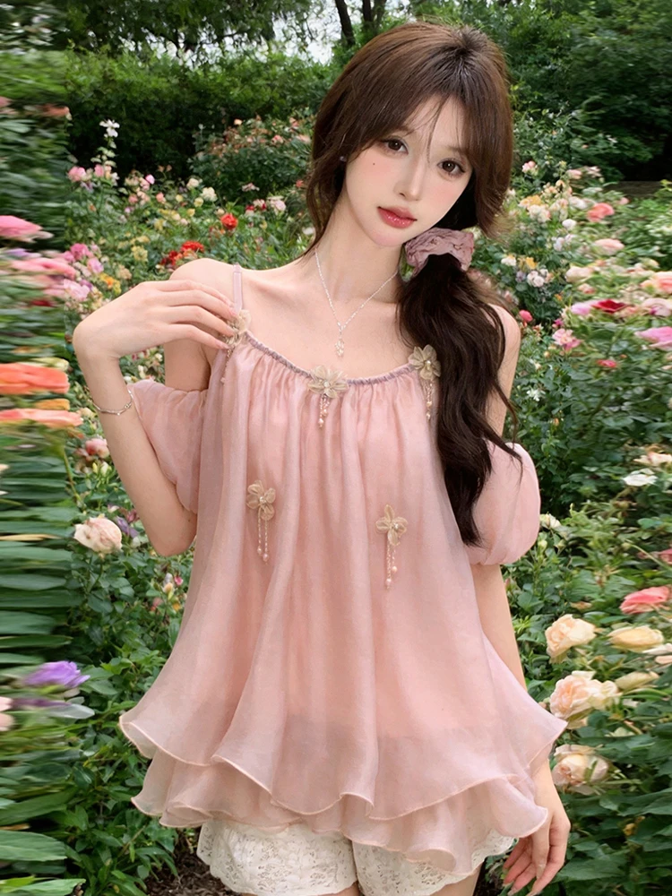 

Pure Desire Gentle Shoulder Bared Chiffon Shirt Sweet Three Dimensional Flower Lace Hem Loose Short Sleeve Women's Top