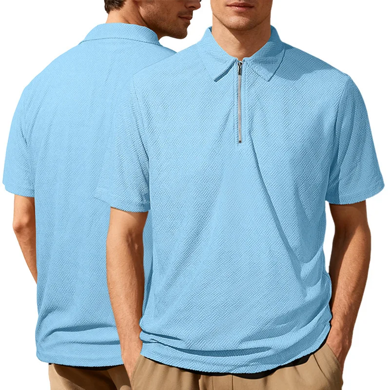 Men Herringbone Jacquard Short Sleeve Polo Shirt Half Zip Lapel Collar Summer Casual Tops