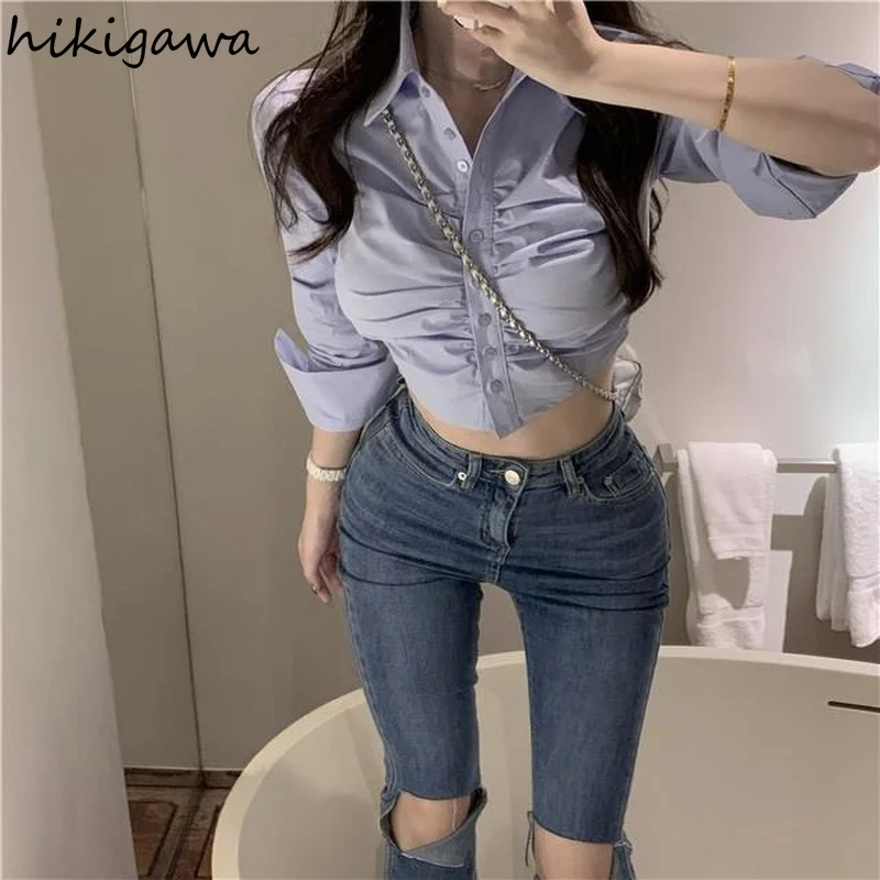 Sexy Crop Tops Fashion Blouse for Women Folds Tunic Long Sleeve Shirt Korean Y2k Clothes White Blouses 2023 Blusas Mujer De Moda