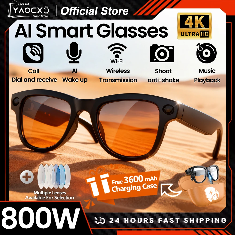 

2026 4K HD AI Smart Glasses 800MP Camera 32GB WiFi Transfer Bluetooth Call Chat GPT Voice Assistant with 3600mAh Charging Case