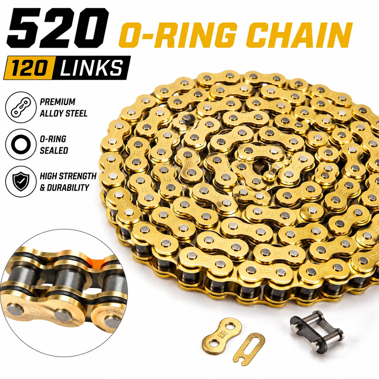 Golden 520 Motorcycle Chain 120 Links O-Ring Heavy Duty Drive Chain for Motorcycle Bicycle Go Kart Mini Trail Bike ATV UTV Quad