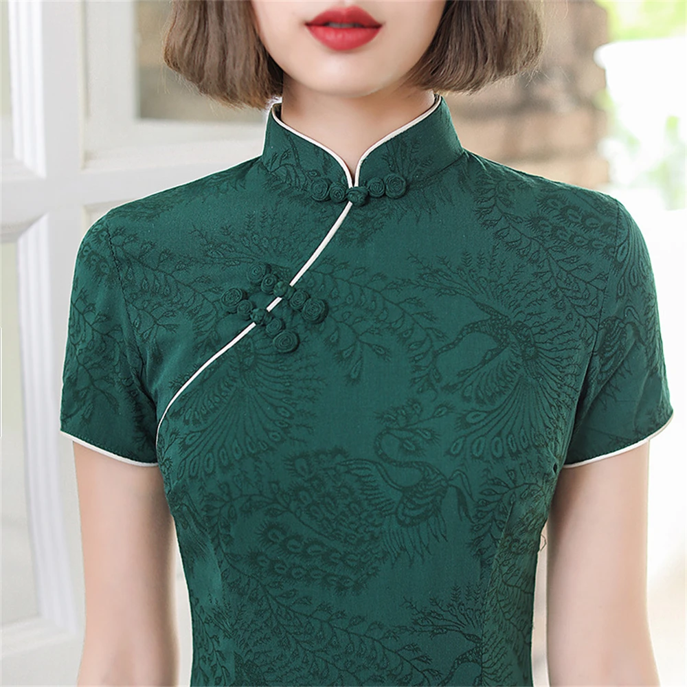 Cheongsam curto de linho de algodão estampado verde, vestido chique slim-fit melhorado, vestido bonito doce diário oriental de Qipao, verão, novo