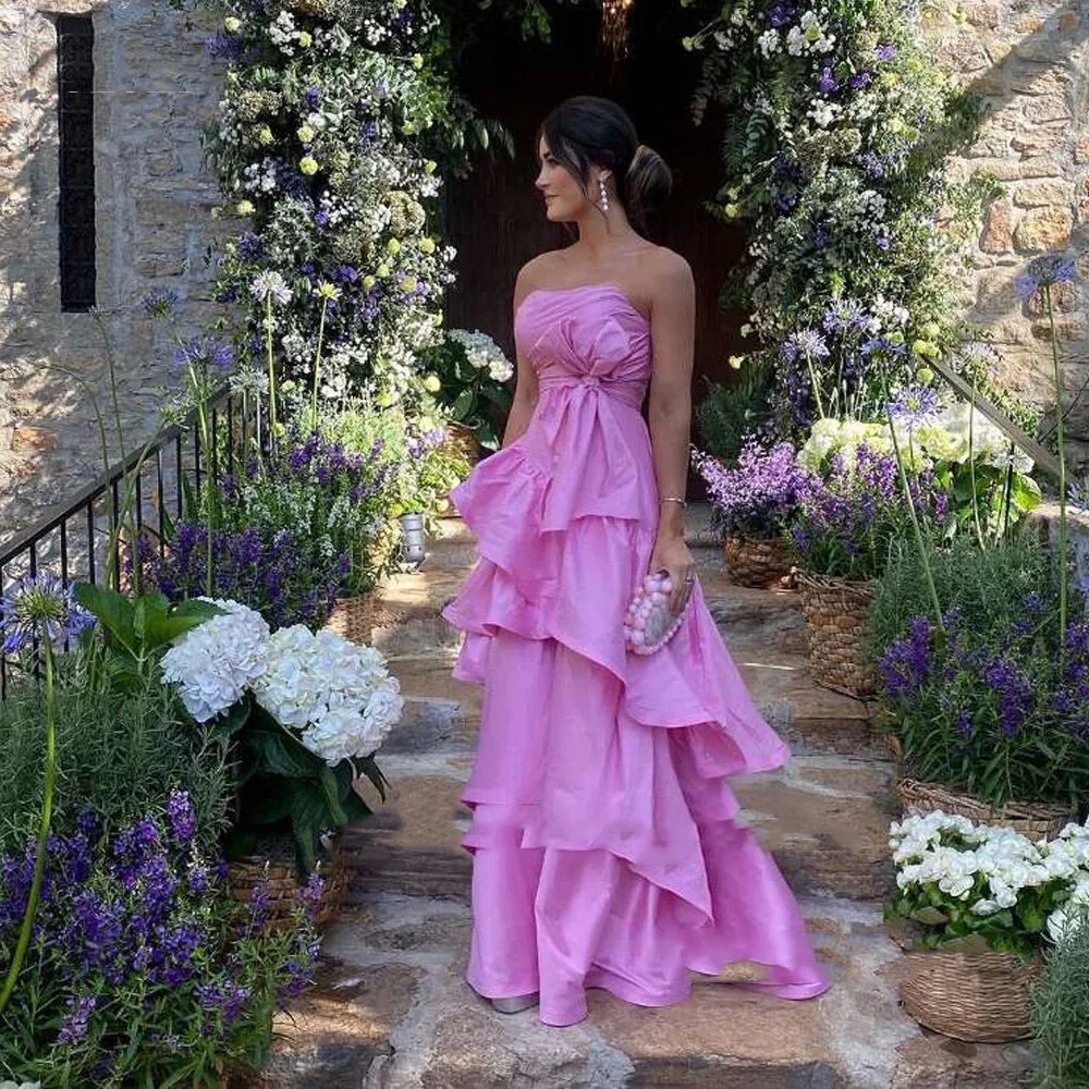 

Pink Strapless Lady A Line Evening Dresses Wedding Guest Taffeta Bow Floor Length Party Prom Dress Robe de soireeCL-521