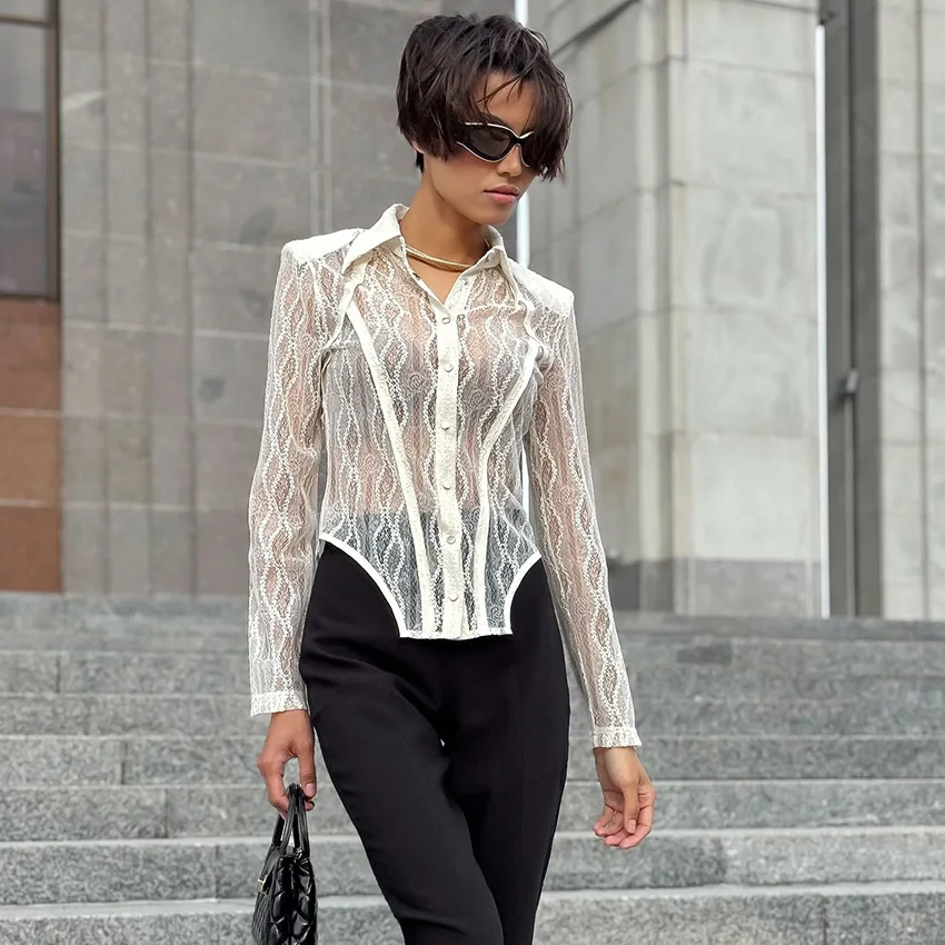 Linad مثير شير الأبيض التطريز البلوزات امرأة الخريف الشارع شيك كم طويل قميص وبلوزة 2025 أنيقة بلوزات من الدانتيل الإناث