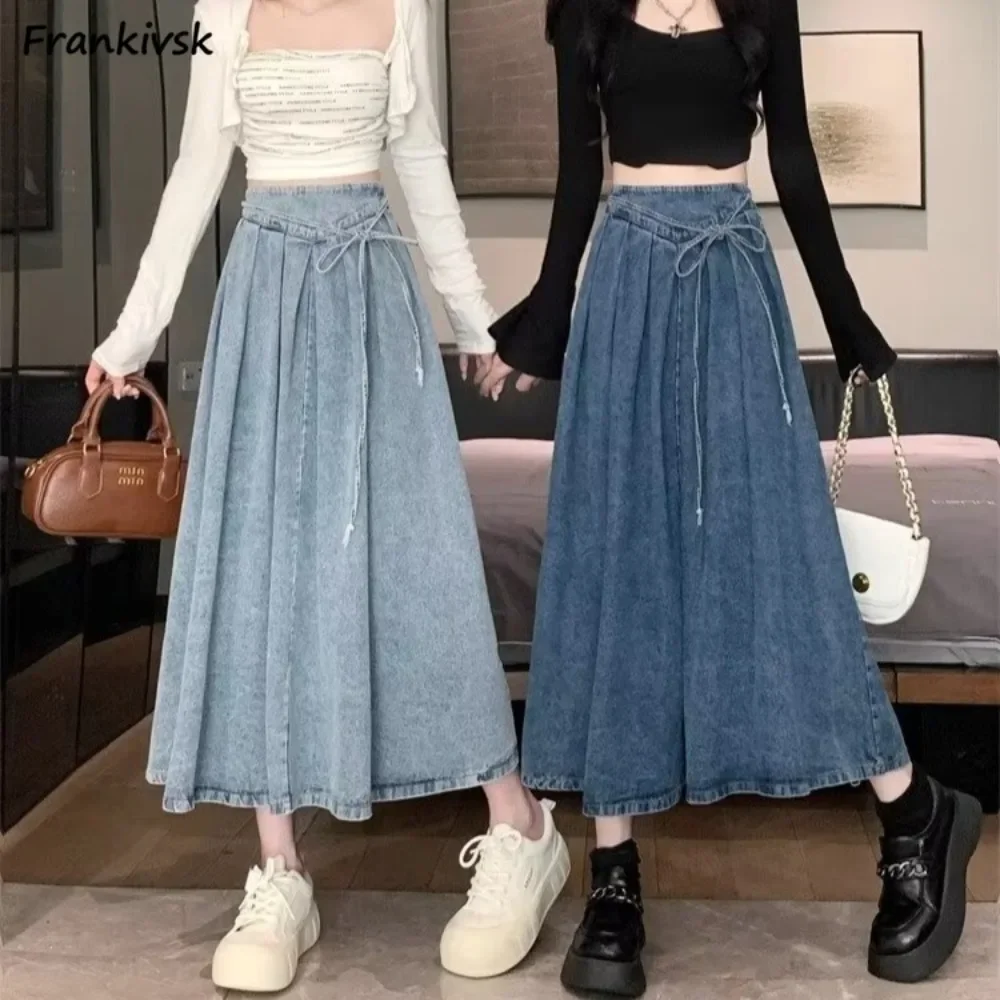 

Women Midi Skirts Lace Up Summer Holiday Cozy Classical Ins Slim Denim Girlish Cool Stylish Korean Style All-match Solid Design