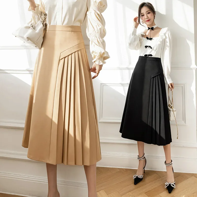 2024 Autumn Niche Women's Slimming Skirt Korean-Style Asymmetrical Hip Covering Elegant Commuting A- Line Skirt