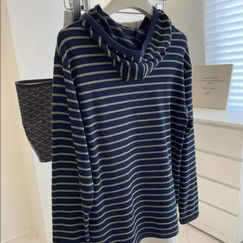 College Style Striped Hooded Sweatshirt Women's Early Autumn New Retro Long Sleeve