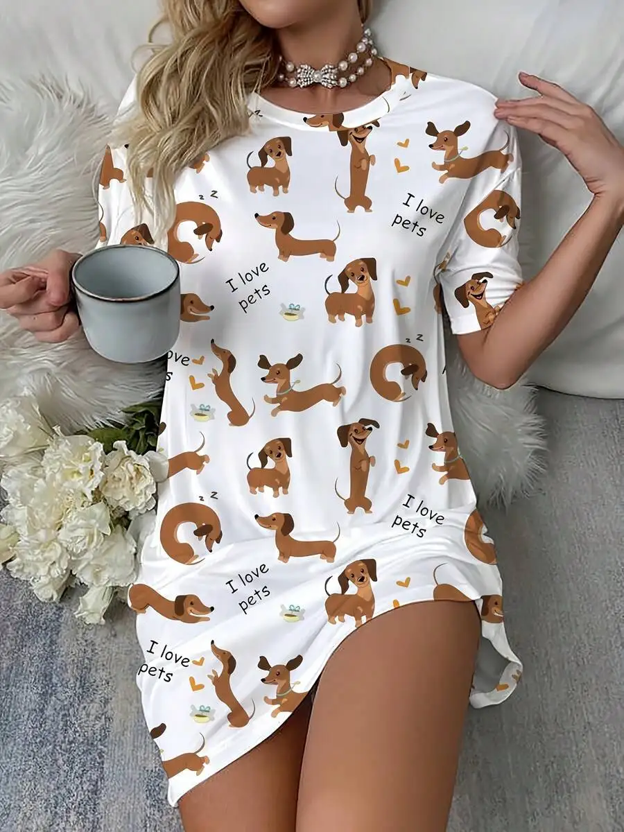 

Cartoon Print Round Neck Nightgown With Dachshund And I Love Pets Text Adult Pajamas
