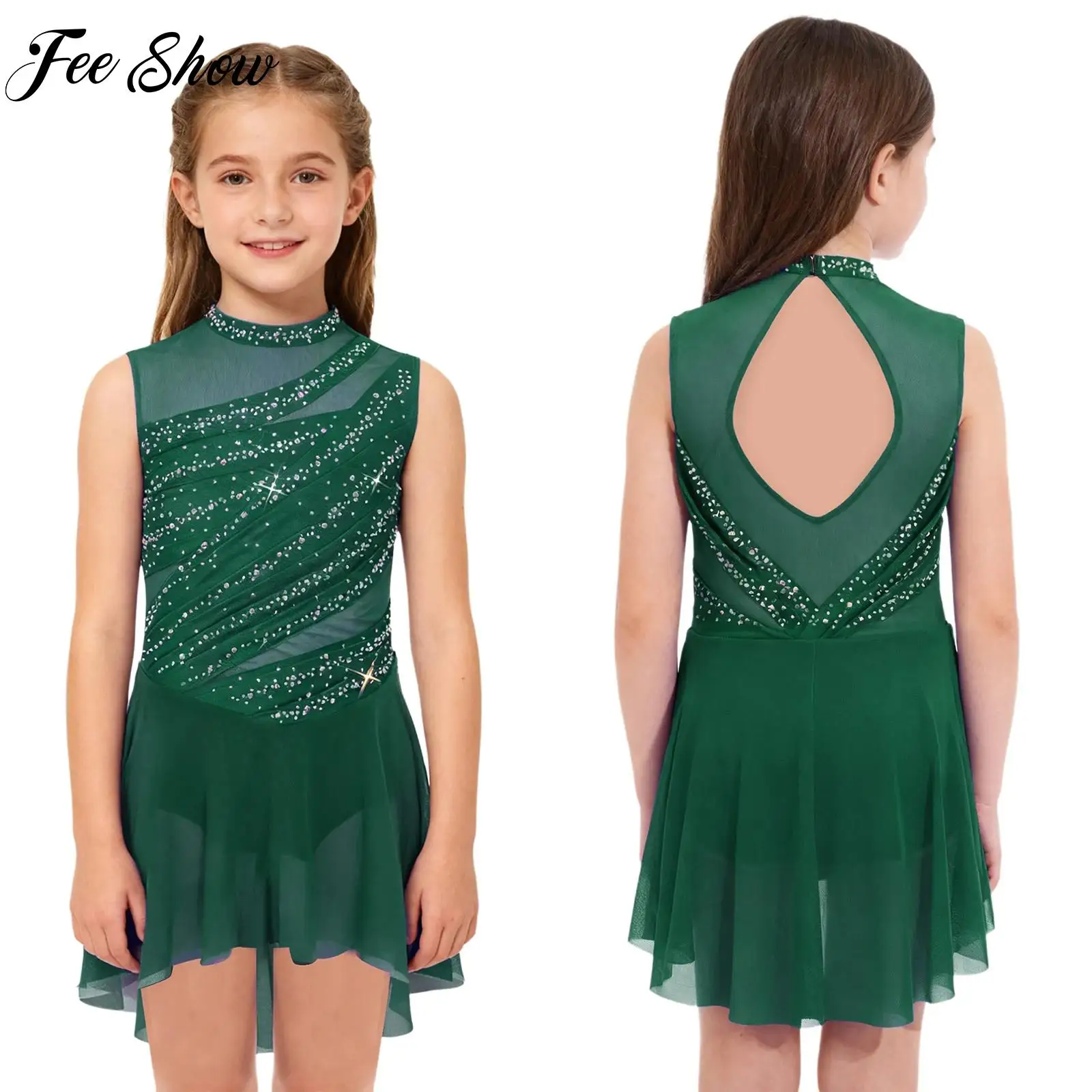 

Children Girls Ballet Lyrical Dance Dress Gymnastics Leotard Tutu Dress Rhinestones Ruched Figure Skating Modern Dance Costume