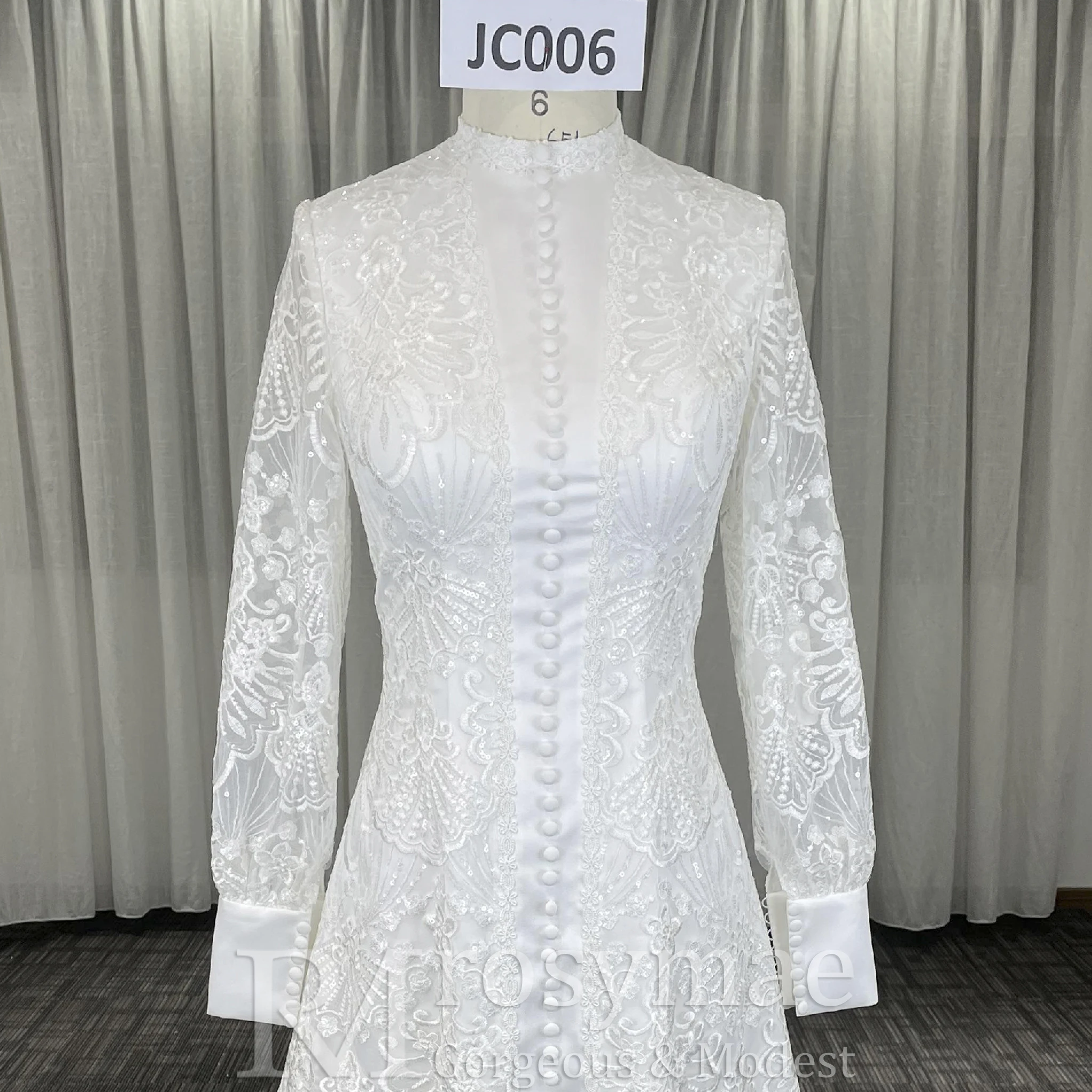 Rosymae Abiti da sposa eleganti in pizzo Abito a trapezio a maniche lunghe al ginocchio per le spose abito da sposa