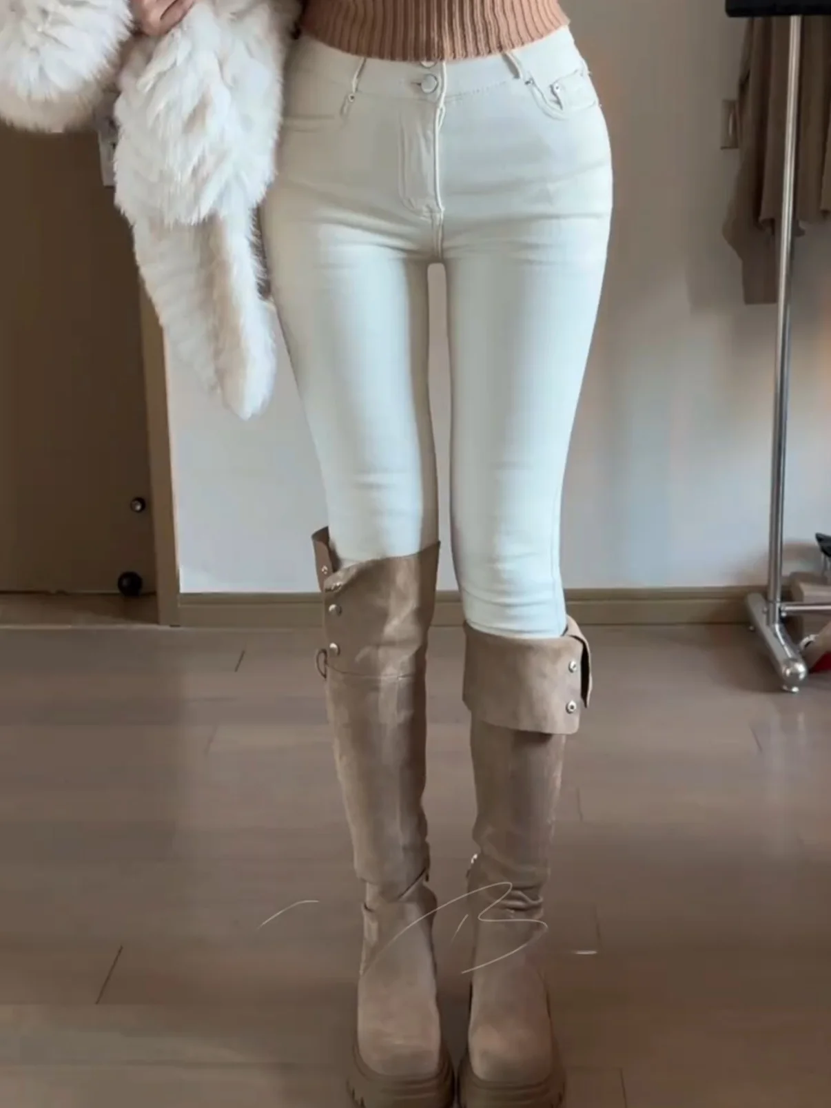 

Женские джинсы Slim Fit с высокой талией, эластичные, в корейском стиле, с эффектом подтяжки ягодиц, осенне-зимние, из хлопкового стрейч-денима