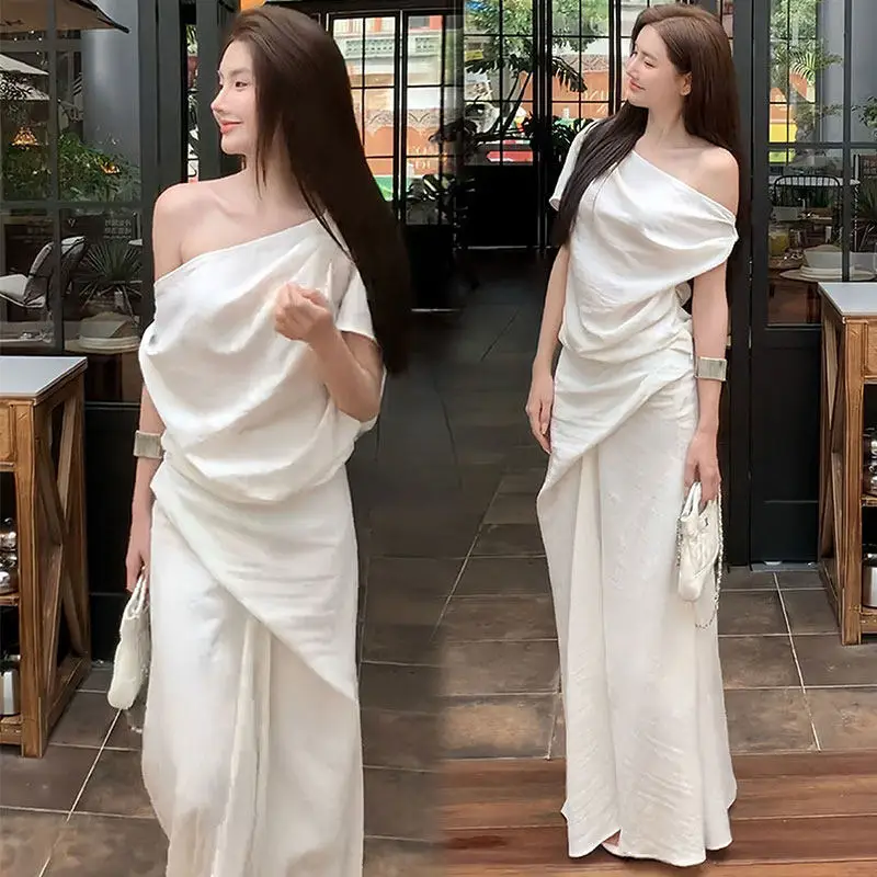 

Summer New French Style Elegant Off Shoulder Irregular Top High Waist Slimming Half Skirt Two-piece Set