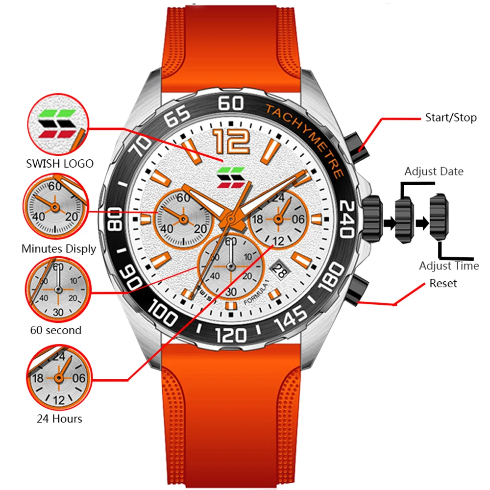 SWISH Sports Men's Quartz Watch Three Eyes Six Needles Silicone Strap 24 Hours Chronograph Multifunction Relogio Masculinob Gift