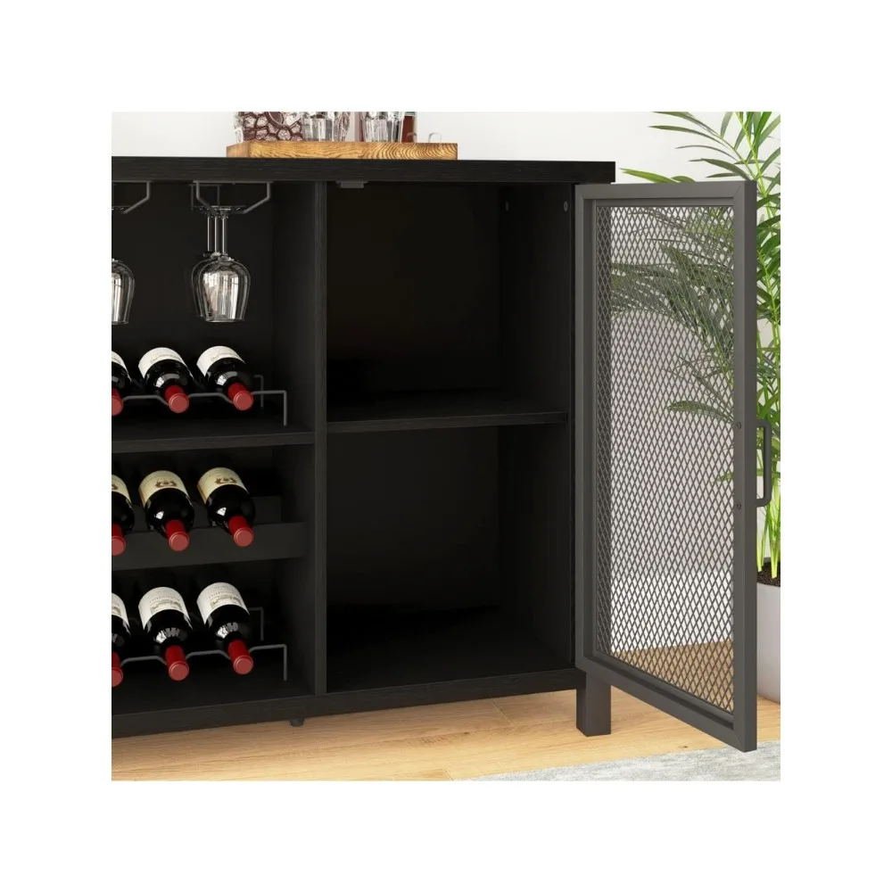 Black Coffee Bar Cabinet, Liquor Cabinet with Wine Rack Storage, Industrial Kitchen Buffet Cabinet for Liquor and Coffee