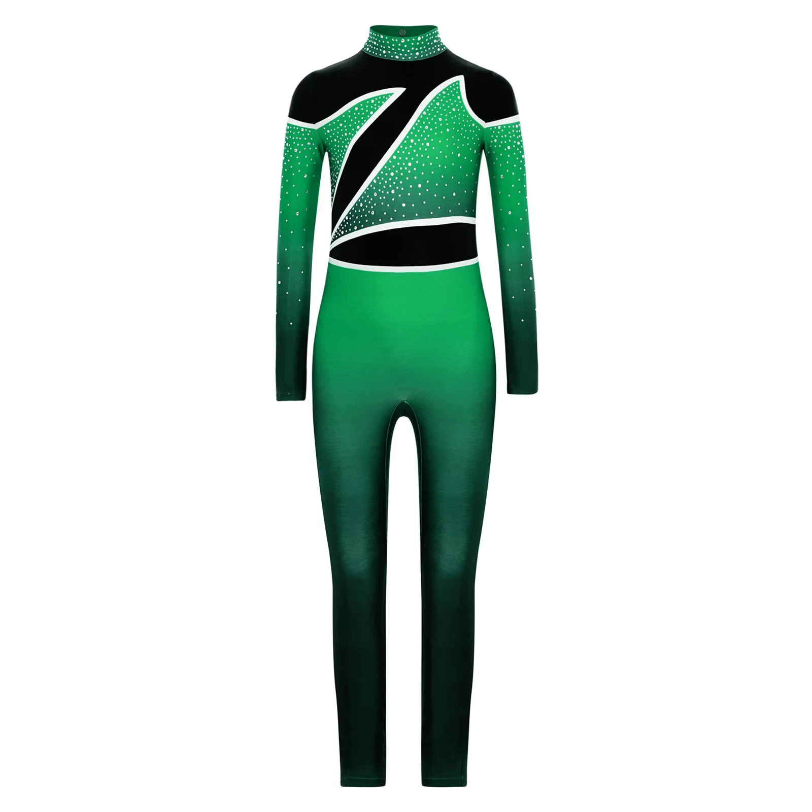 

Kids Girls Gymnastics Jumpsuit Gradient Long Sleeve Color Block Sparkling Rhinestones Keyhole Back Dance Competition Costume
