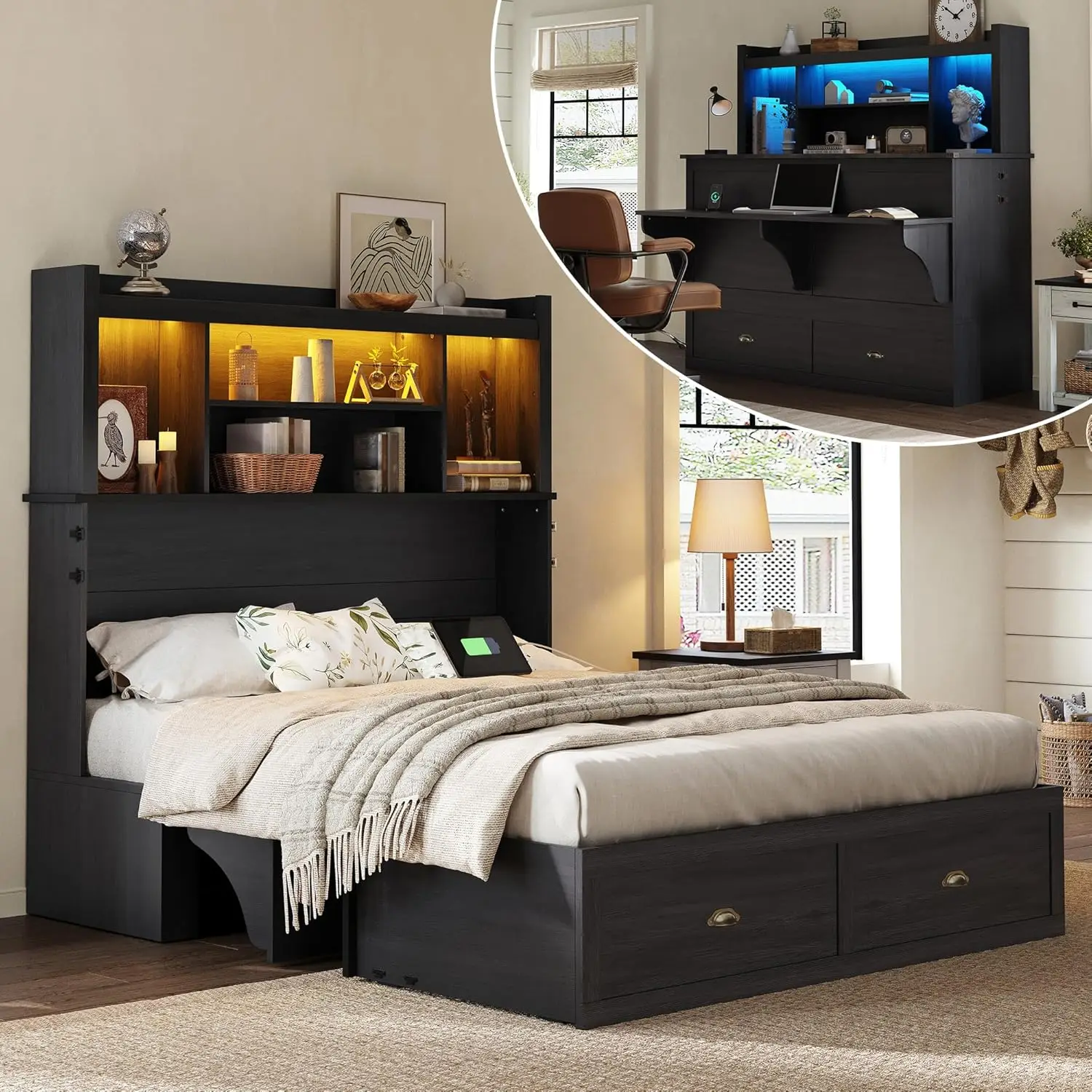 

AMERLIFE Queen Murphy Bed with Bookcase Headboard & LED Light, Farmhouse Cabinet Bed with Storage Drawer, Charging Station and D