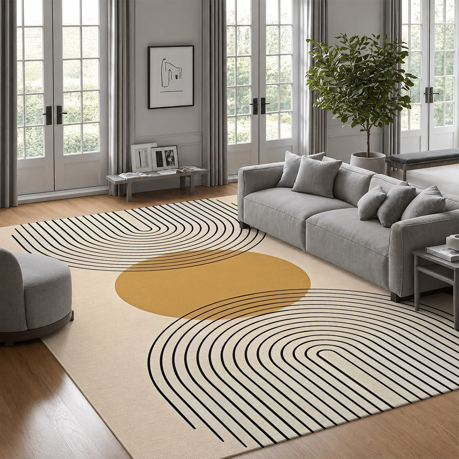 Large Indoor Area Rug, Soft Velvet Low Pile Rug with Non-Slip Dotted Backing, Machine Washable Modern Geometric Arched Line Rug in Beige & Gold, Great for Living Room, Bedroom, Entryway