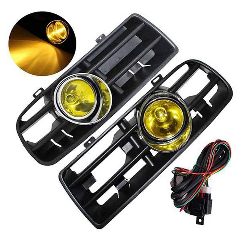 2Pair Front Bumper Grill Fog Lights Grille LED Lamp With Wire Kit Yellow For Volkswagen Golf MK4 1998-2004