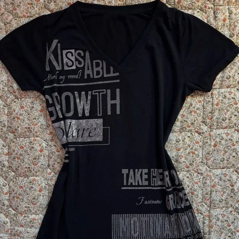 Koszulka damska z nadrukiem liter w stylu punk amerykańskim, wykonana w 100% z czystej bawełny, ciemna, dopasowana, seksowna, w stylu nostalgicznym streetwear, modna na lato.