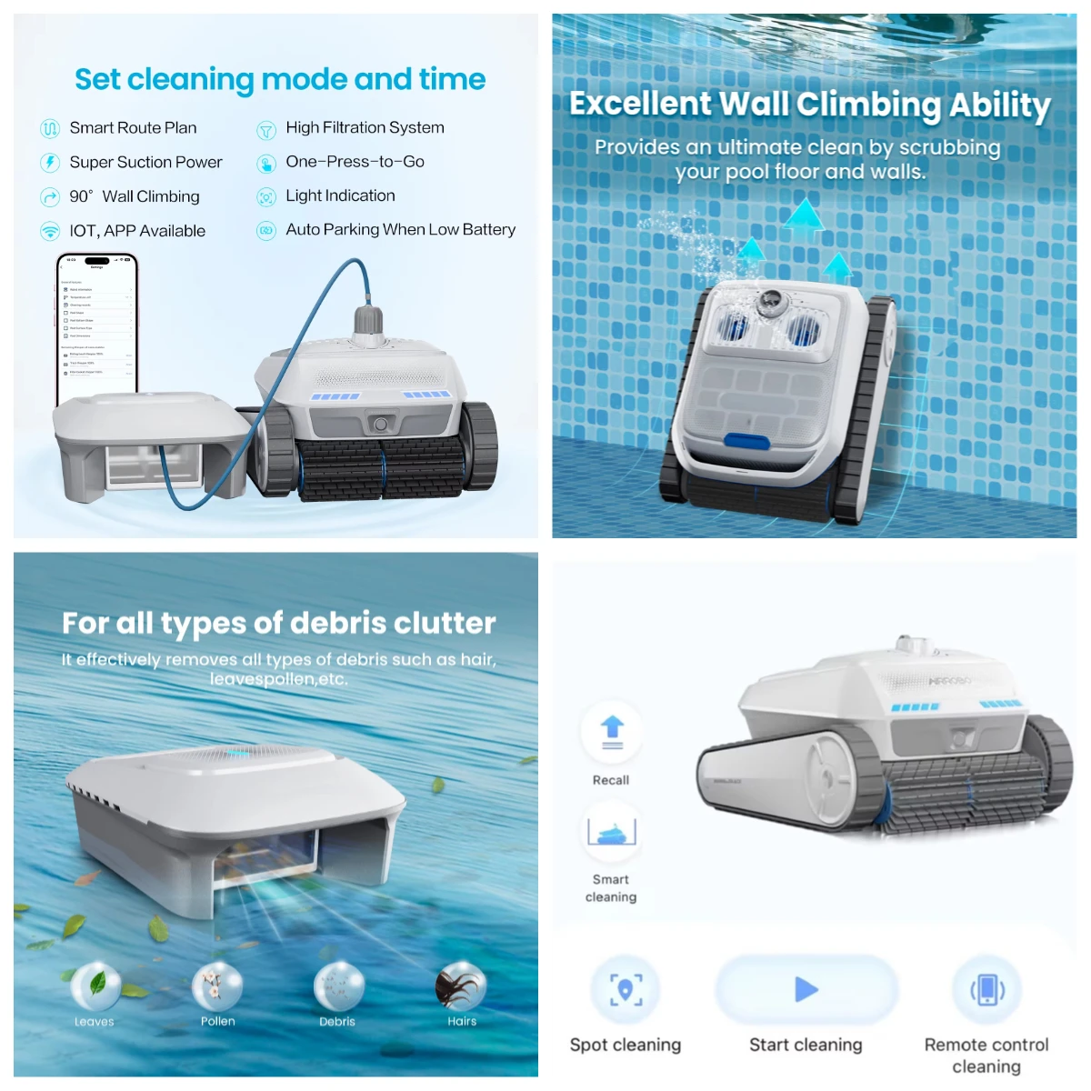 

4-in-1 WiFi Pool Cleaner Robot: Automatic Wall, Floor, Waterline & Surface Cleaning with App Control & Self Parking