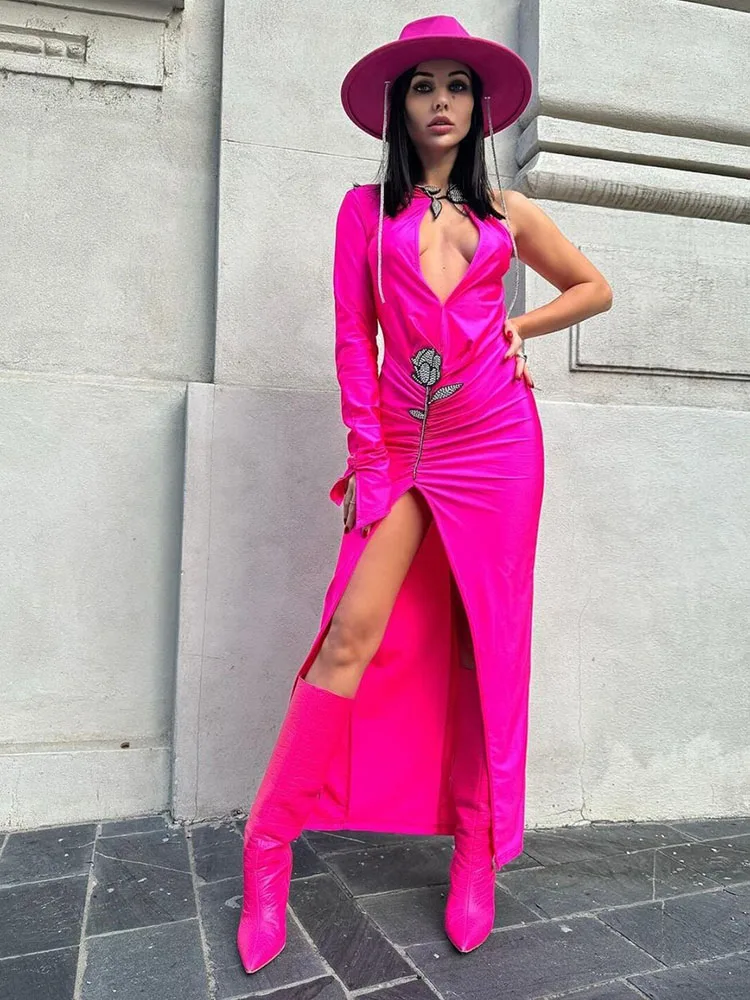 

New Women Celebrity Luxury Sexy Long Sleeve V Neck Diamonds Pink Draped Gowns Dress Elegant Evening Party Dress Vestido