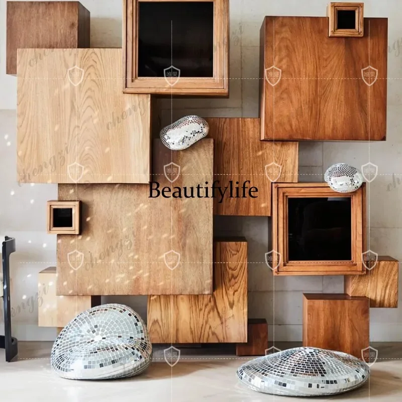 A55 Retro Nordic solid wood bookcase bookshelf medieval shelf dining side cabinet creative building block display