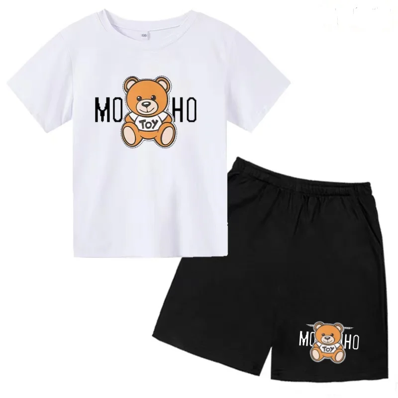 

2026 Children's White T-Shirt and Shorts Set with Bear Cartoon Pattern New Style Clothing for Boys and Girls Aged3to12 Years Old