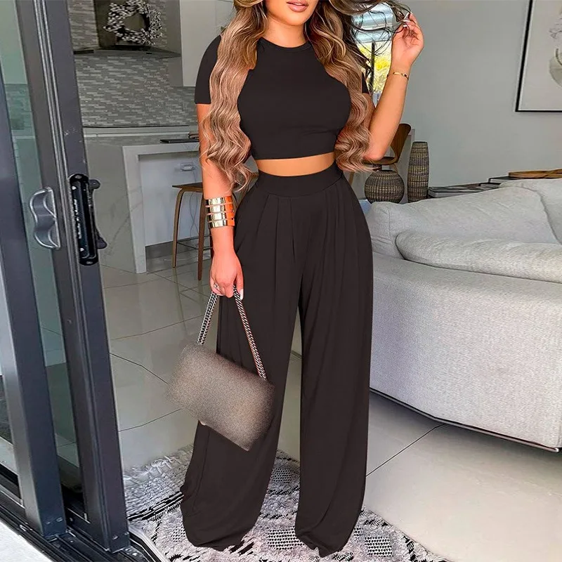 Vintage Floral Print Wide Leg Suits Women Summer Fashion Loose O-neck Short Sleeve Tops+Long Pants Wide-Leg Pant Two Pieces Set