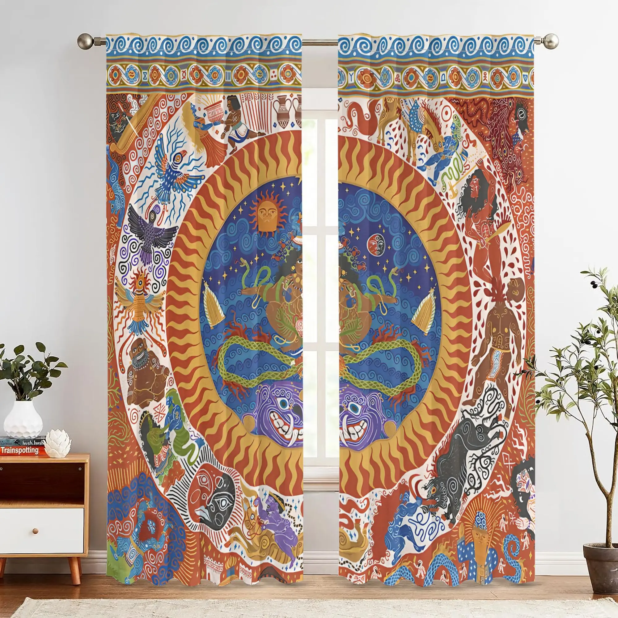 Retro circular totem theme Print Drapes Room Darkening Window Curtains for Home Decor,Rod Pocket Blackout Curtains Bedroom
