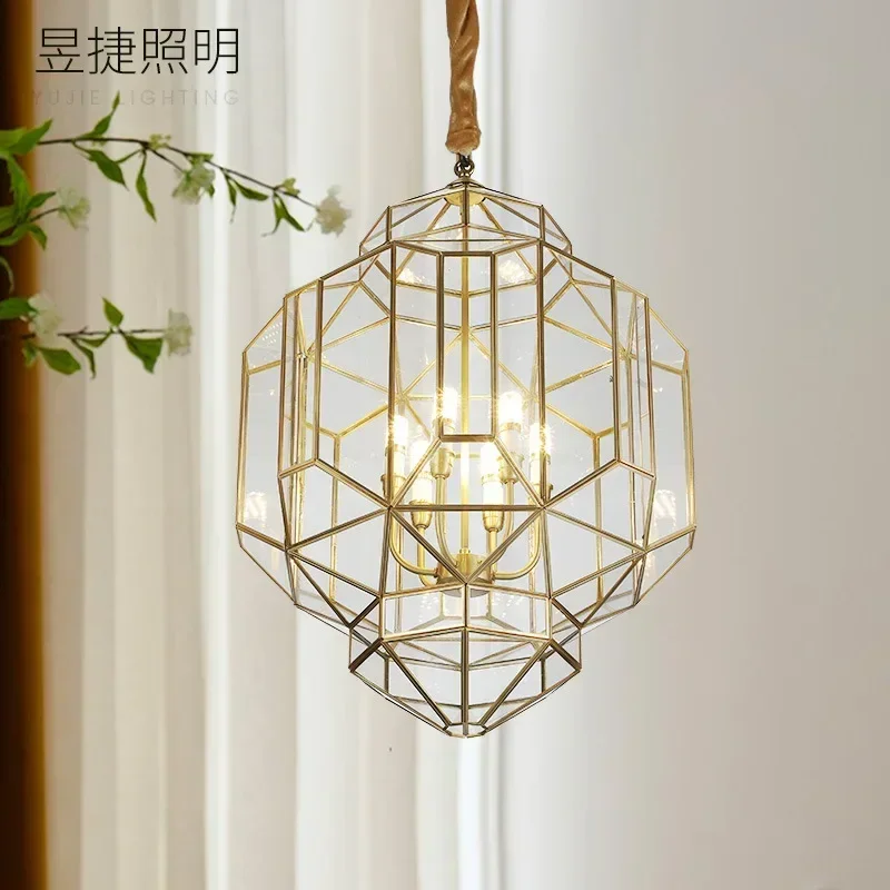 Creative living room, chandelier, restaurant, all copper, simple glass, staircase, corridor, chandelier, villa, new Chinese styl