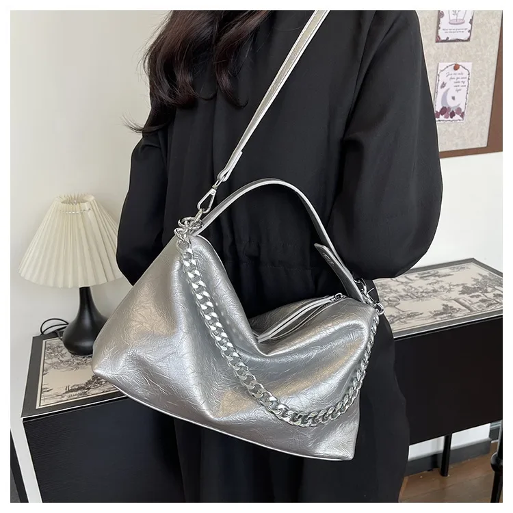 Women Heart Chain Convertible Crossbody CrystalMetallic Bag Tote