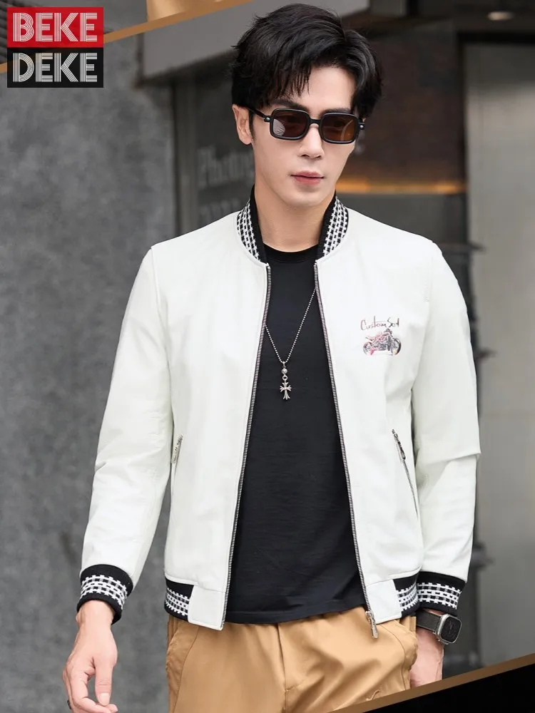 Men Slim Fit Genuine Leather Printed Jacket Tops Designer Spring Autumn Winter Zipper Comfortable Casual Male Cowskin Short Coat