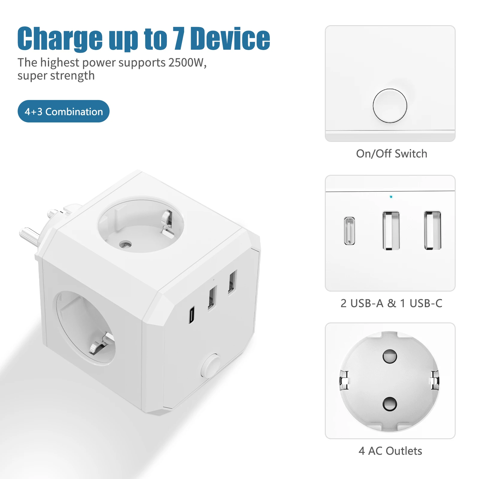 Imagem -03 - Cubo de Parede para Escritório e Casa Tomadas ca Portas Usb tipo c Receptáculo Multidirecional Branco Euro 4000w