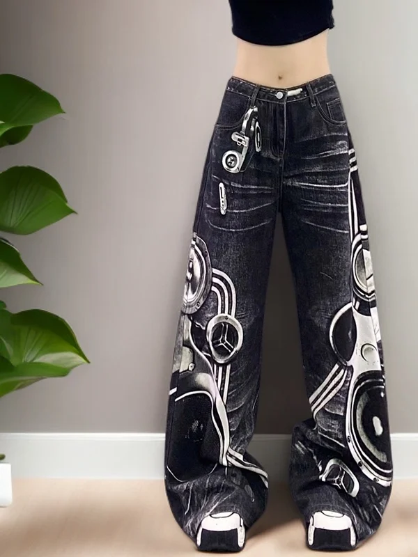 

Faionable Retro Print High Waist Wide Leg Jeans Women's Casual Loose Slimming Straight Cut Trousers Spring Season Bla