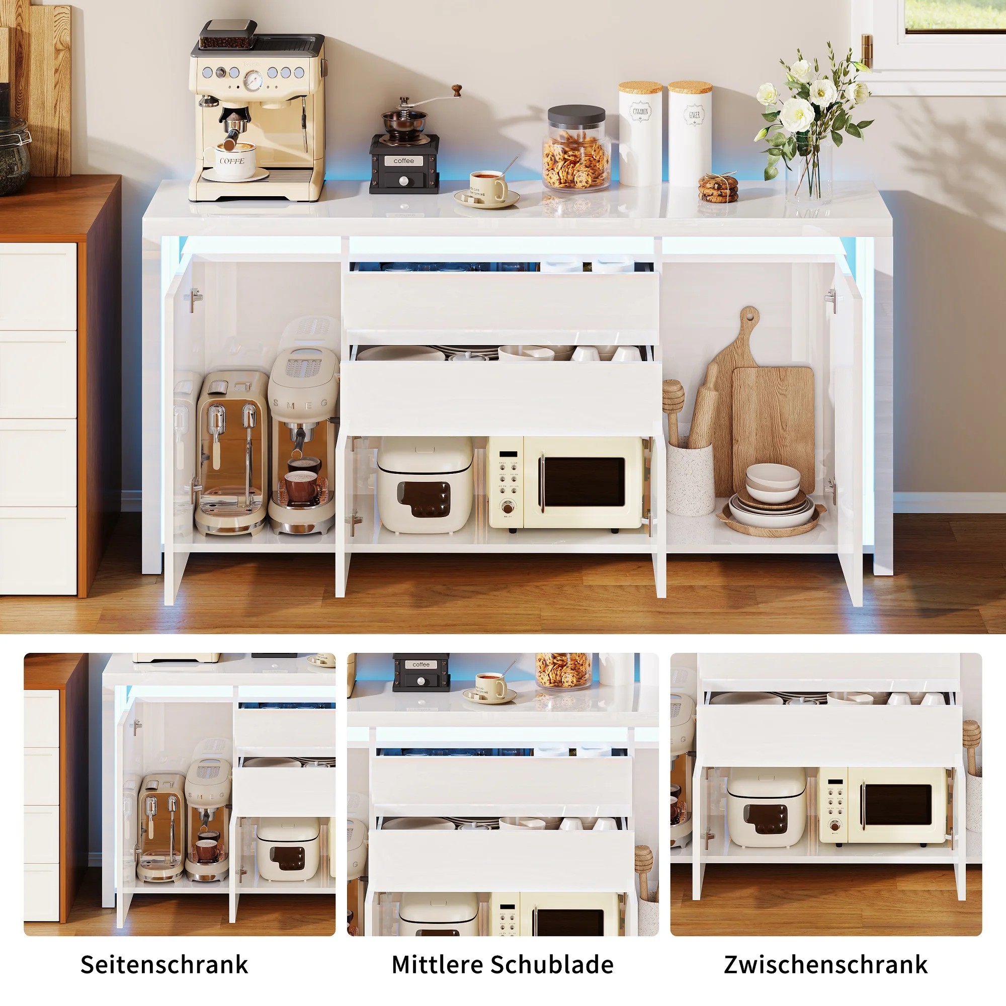 Rosahqnda Sideboard Hochglanzweiß mit LED, modernes Sideboard mit Tür und Schubladen, Buffetschrank, Kommode für die Küche – Detail 14