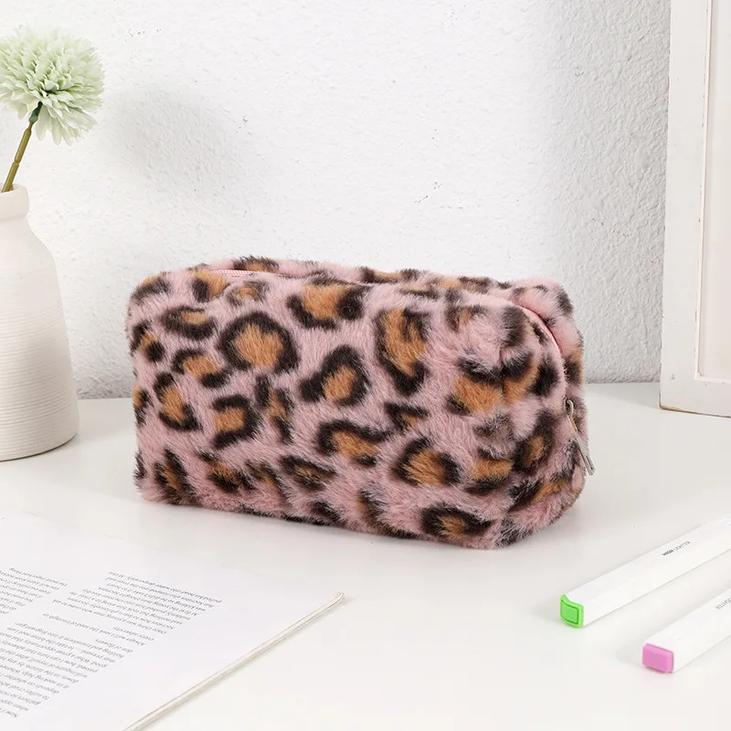 High-end Leopard Print Plush Makeup Pouch Hand-held Portable Women's Large Capacity Travel Storage Pencil Case