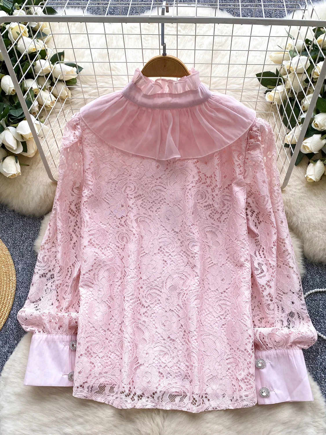 

Sweet Gentle Sle Long Sve Кружевной повседневный женский модный универсальный воротник-стойка с деревянным воротником-стойкой