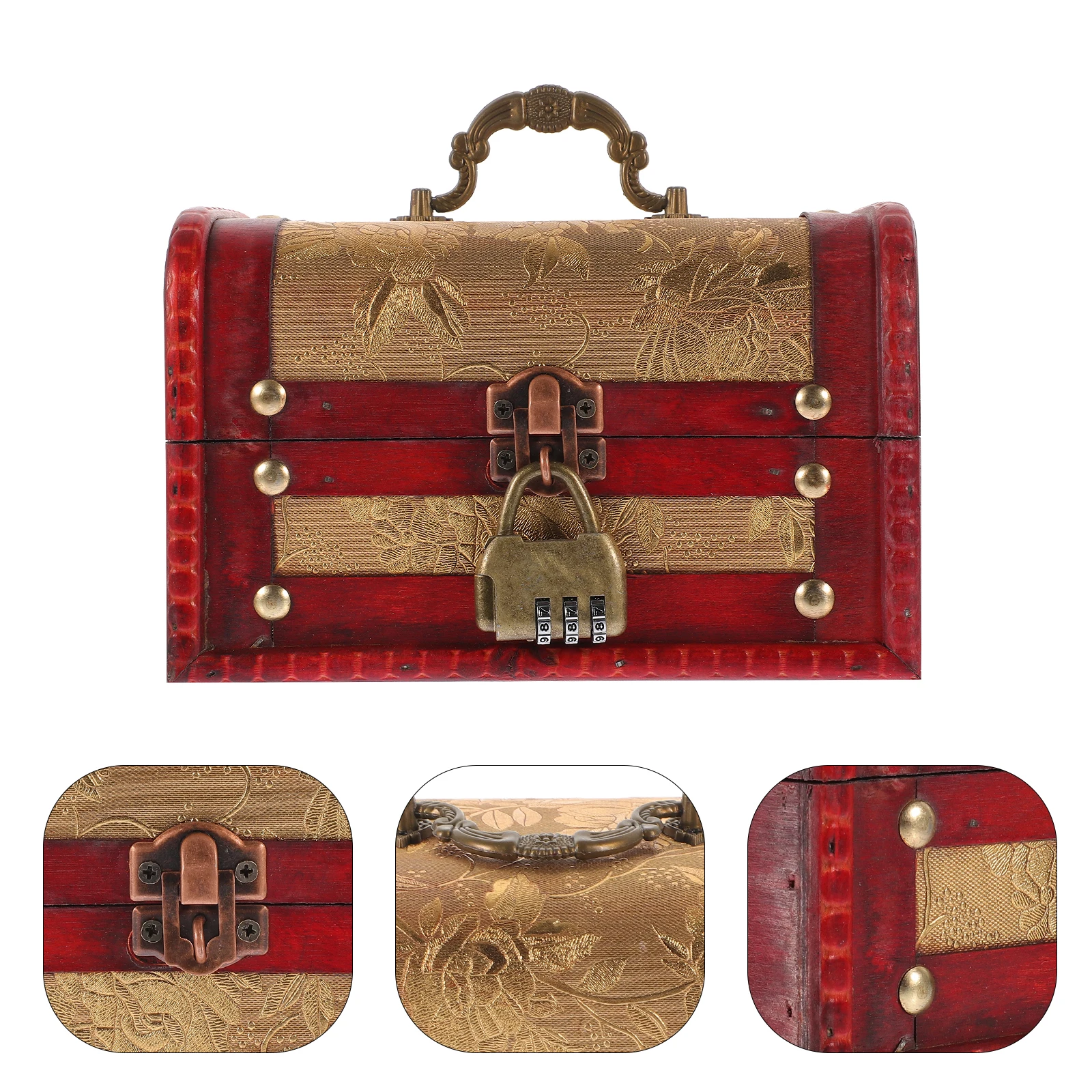 

Retro Jewelry Box Golden Grass Flower 3 Lock Wooden Storage Chest for Earrings Rings Diamonds Small Trinkets Display Home