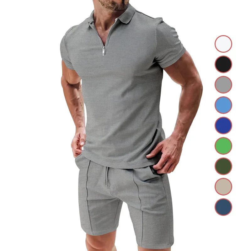 men's short sleeve shorts casual suit new summer waffle solid color casual loose lapel t-shirt suit men