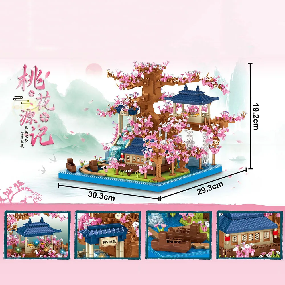 Micro bloc de diamant du pays des merveilles chinoises, fleur de pêcher de chine, Architecture Nanobrick de printemps, jouets de construction créatifs en brique avec lumière