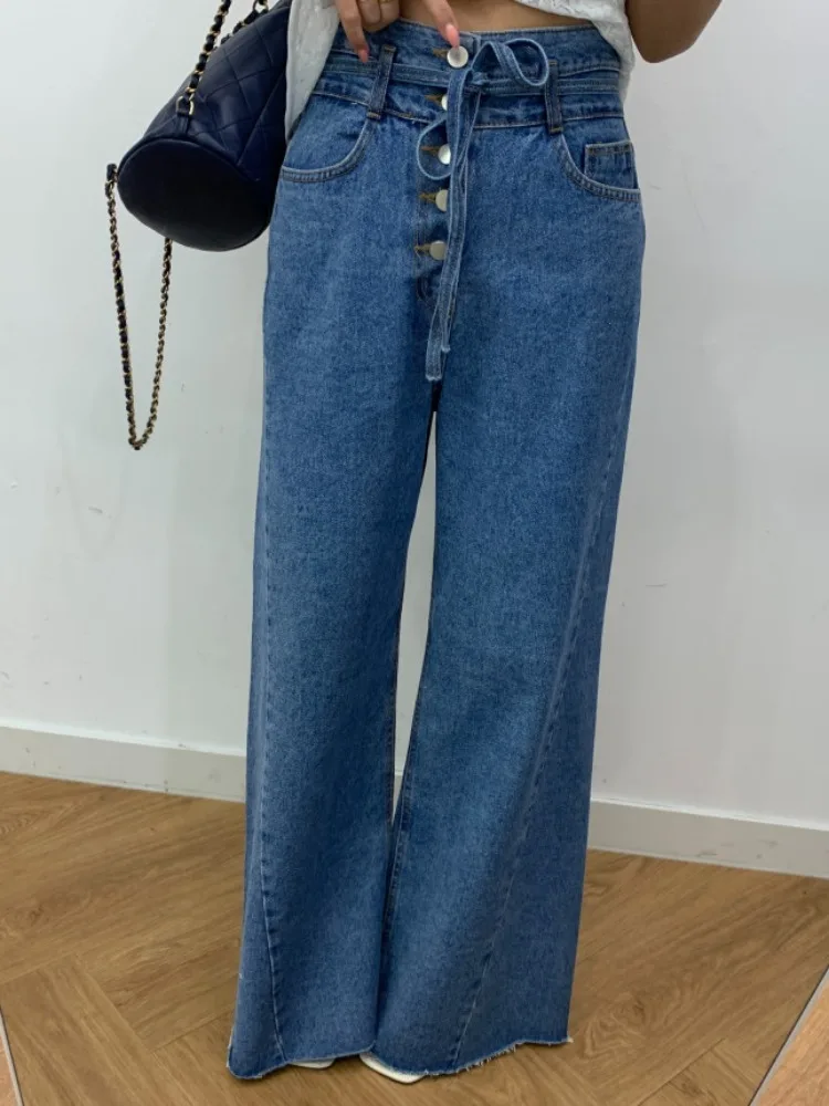 Chic Hohe Taille Breite Bein Jeans frauen Retro Single Button Design Abnehmen Spleißen Denim Hosen Herbst Faion plus Größe