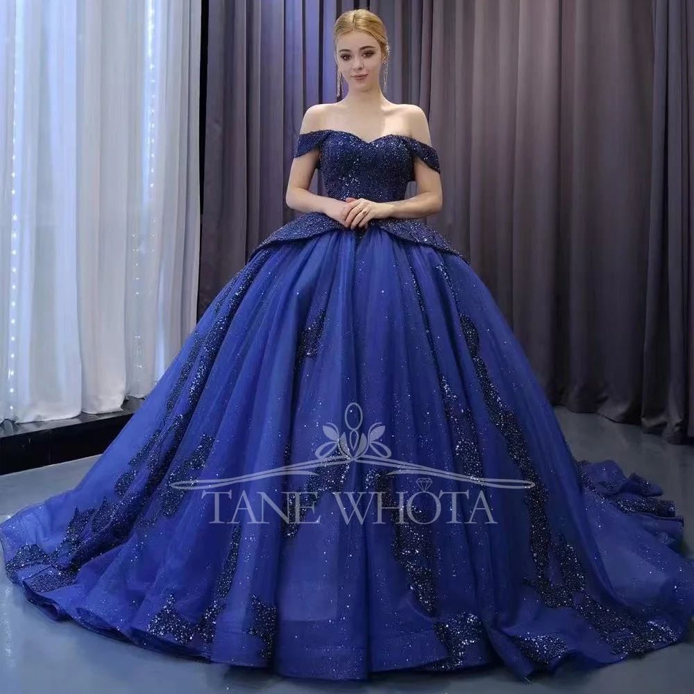Blue Off Shoulder Sweetheart Quinceañera Dress Ball Gown Lace-Up Back Beaded Sequined Embroidery 15th Birthday Prom Gown