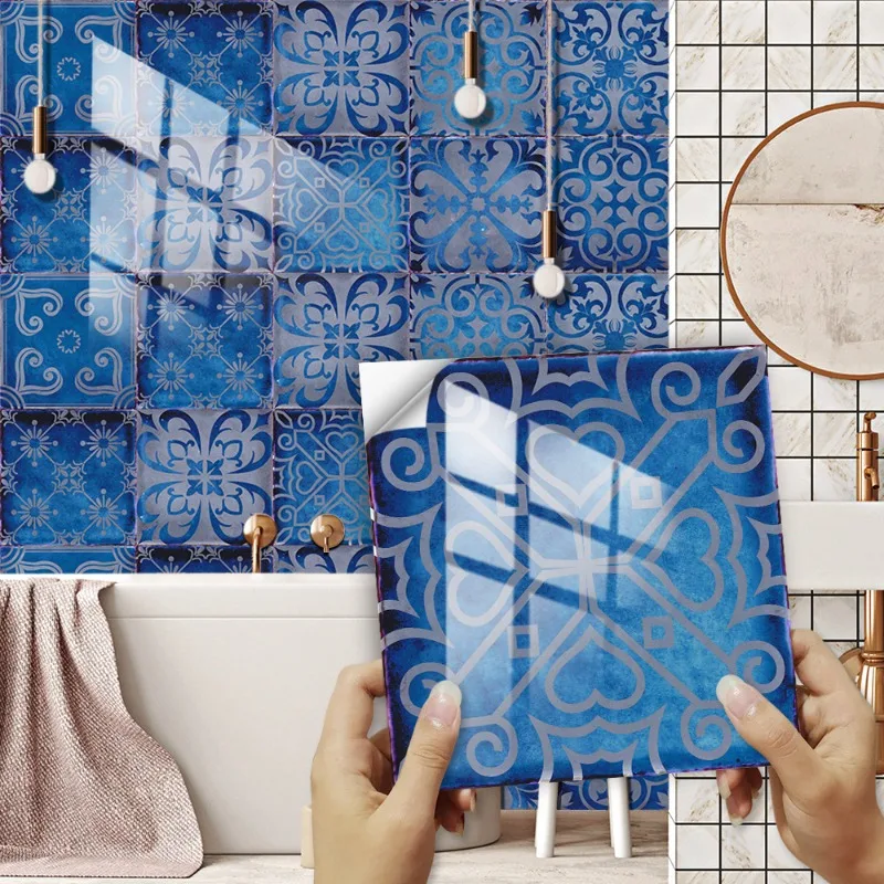 10pcs Tile Sticker Dreamy Blue Floral Wall Decal Waterproof Oil Proof For Kitchen Bathroom Home Renovation Interior Decor