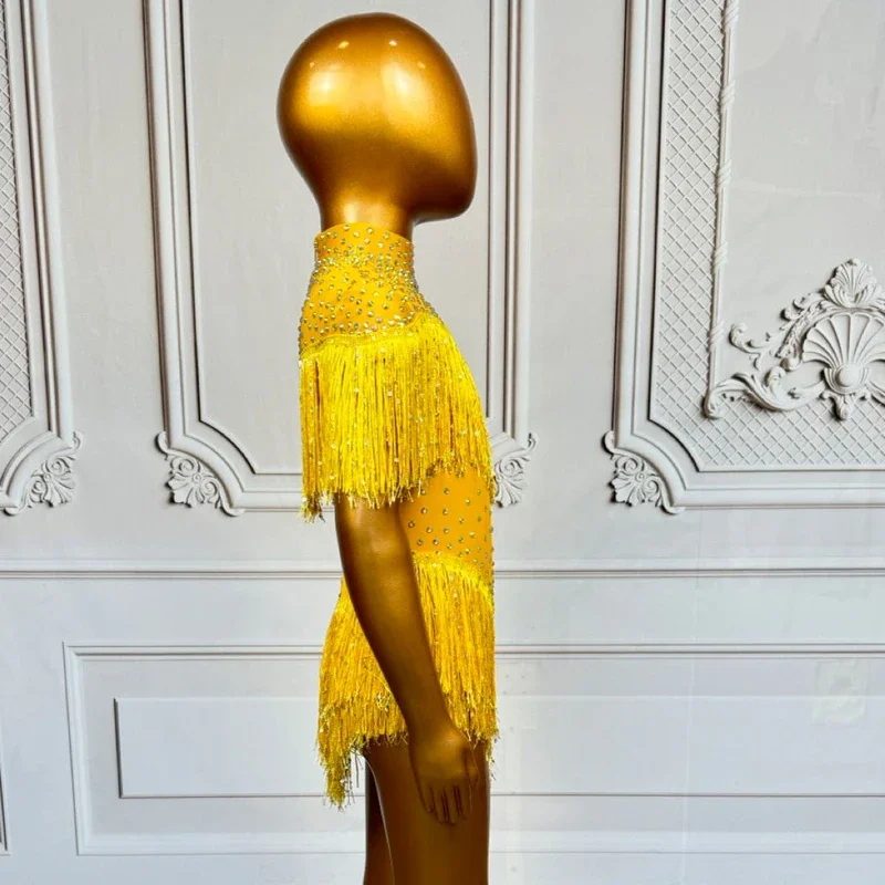 Kids Latin Dance outfit Performance Festival Outfit Yellow Rhinestones Fringed Bodysuit  Jazz Dance Costume Stage Group Clubwear
