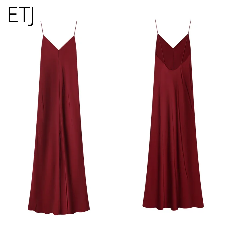 ETJ women's spring new elegant sexy halter skirt droop feel red V-neck slit A-word version of thin shoulder belt halter skirt