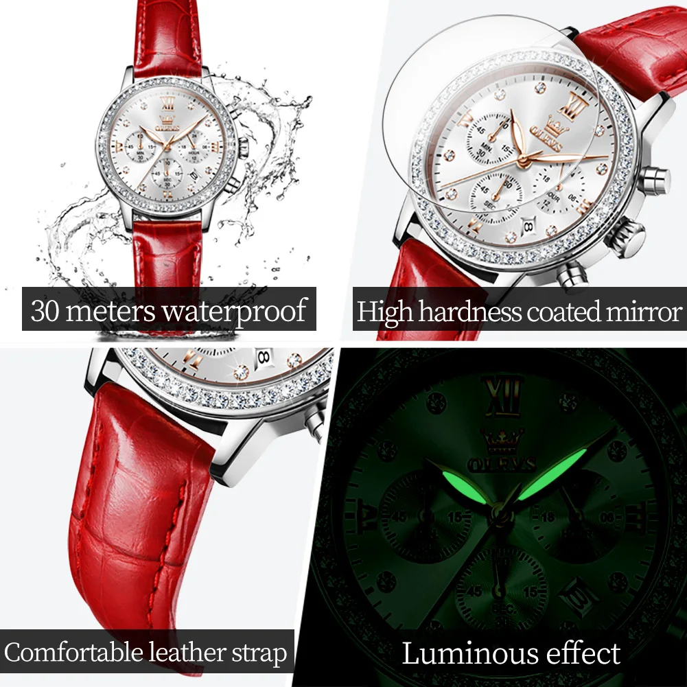 OLEVS Luxury Watches For Women Top Brand Luminous Date Leather Waterproof Chronograph Quartz Ladies Watch Relogio Feminino Girl